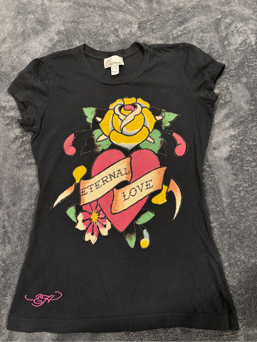 Ed Hardy Eternal Love Graphic Rhinestone Black Cotton Women's T-Shirt S